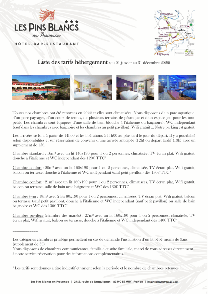 Mariage 26 Liste des tarifs hebergement page1